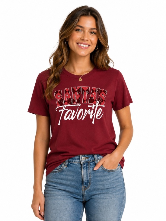 Unbranded Tops - Women's Burgundy 'Santa's Favorite' Short Sleeve Tee